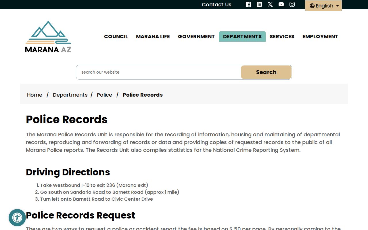 Marana Police records request page for Pima County arrest records