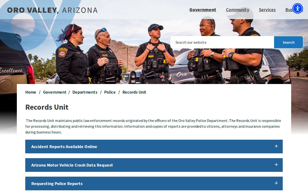 Oro Valley Police Department arrest record request interface in Pima County
