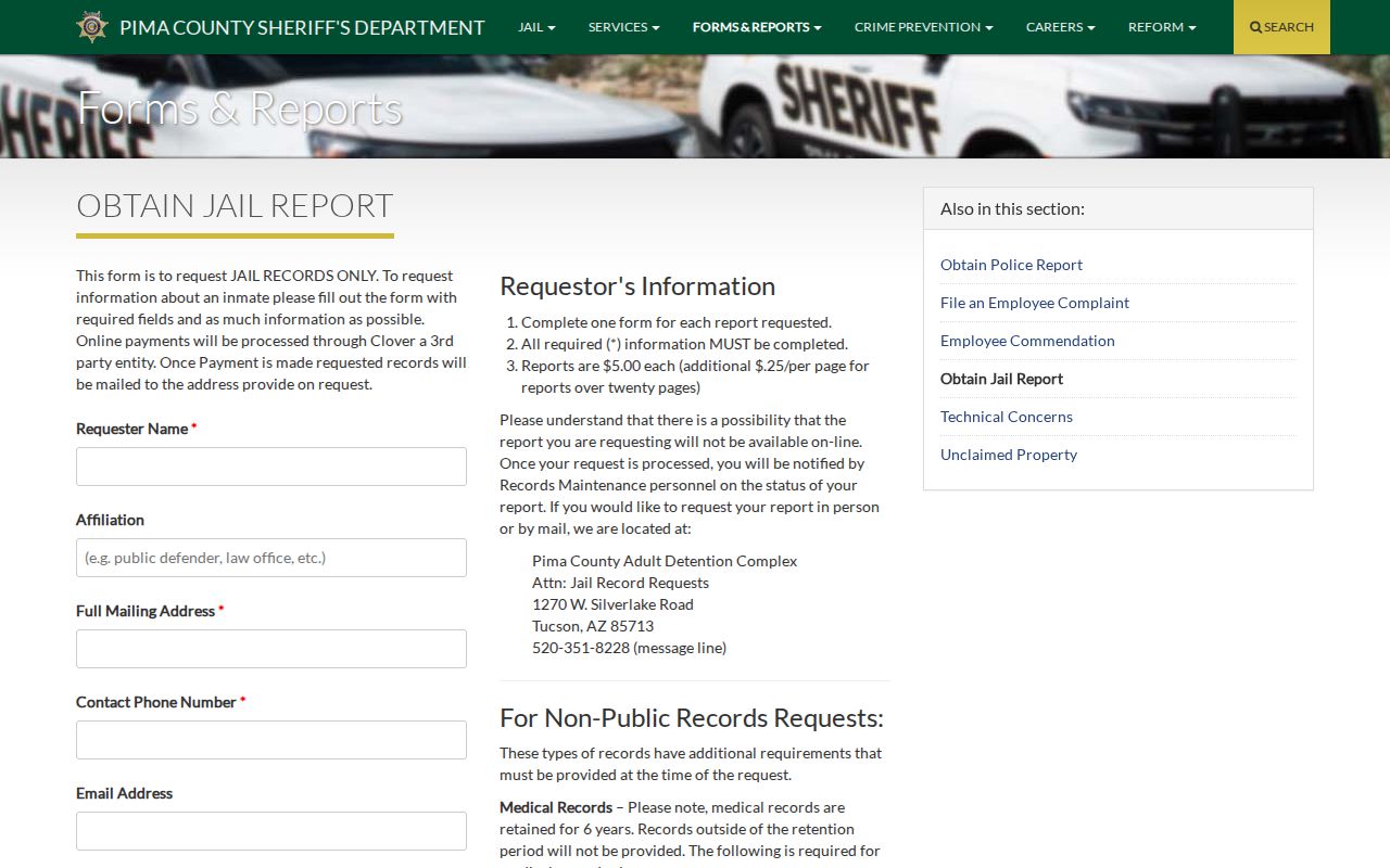 Pima County booking record request and jail report form