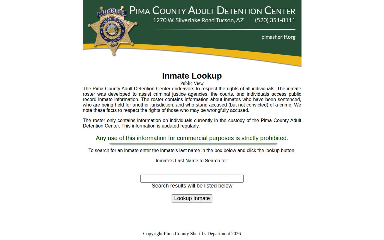 Pima County current-custody roster and booking lookup form