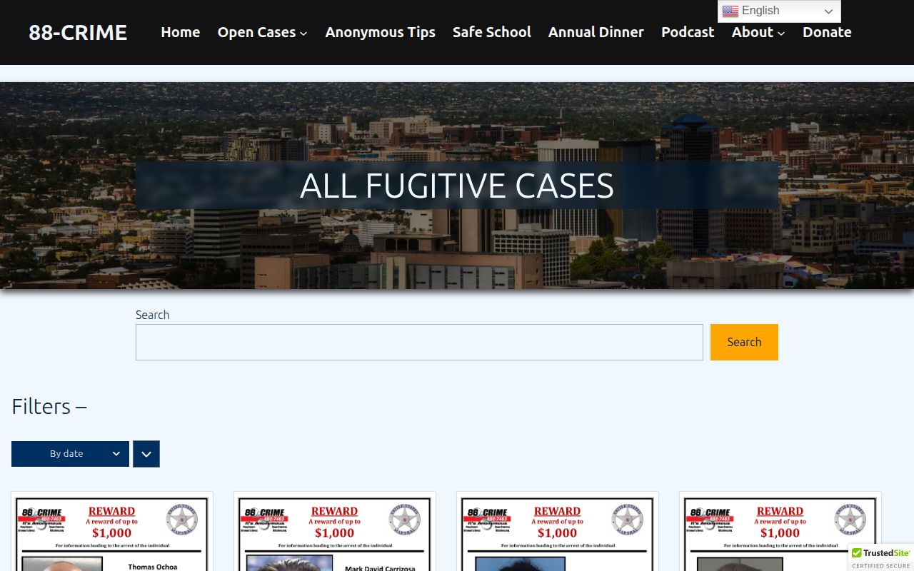 Pima County most wanted fugitive index and tip listing interface
