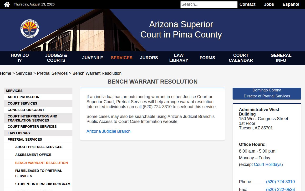 Pima County bench warrant resolution service and court contact